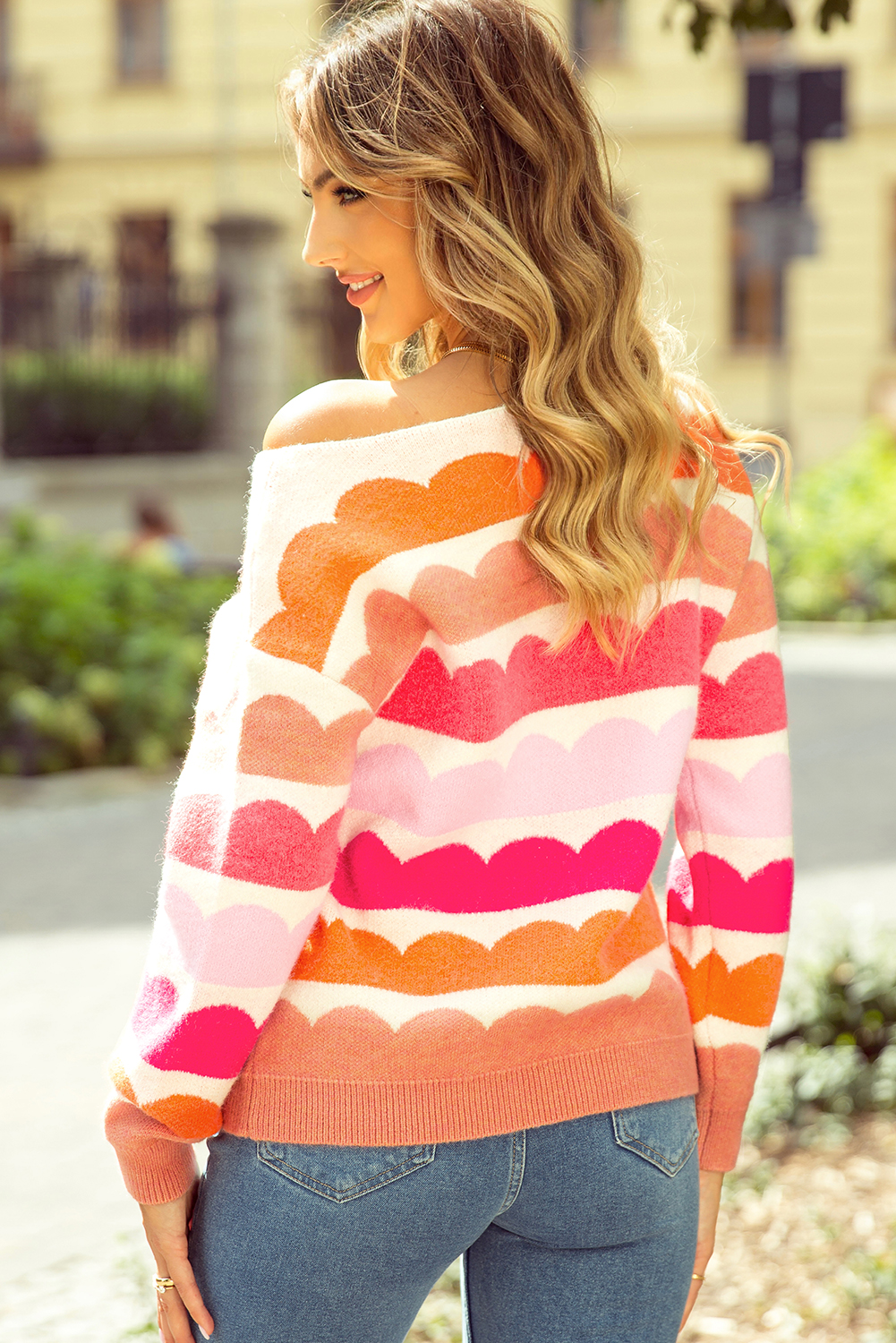 Rose Red Wave Striped Balloon Sleeve Drop Shoulder Sweater - Image 5