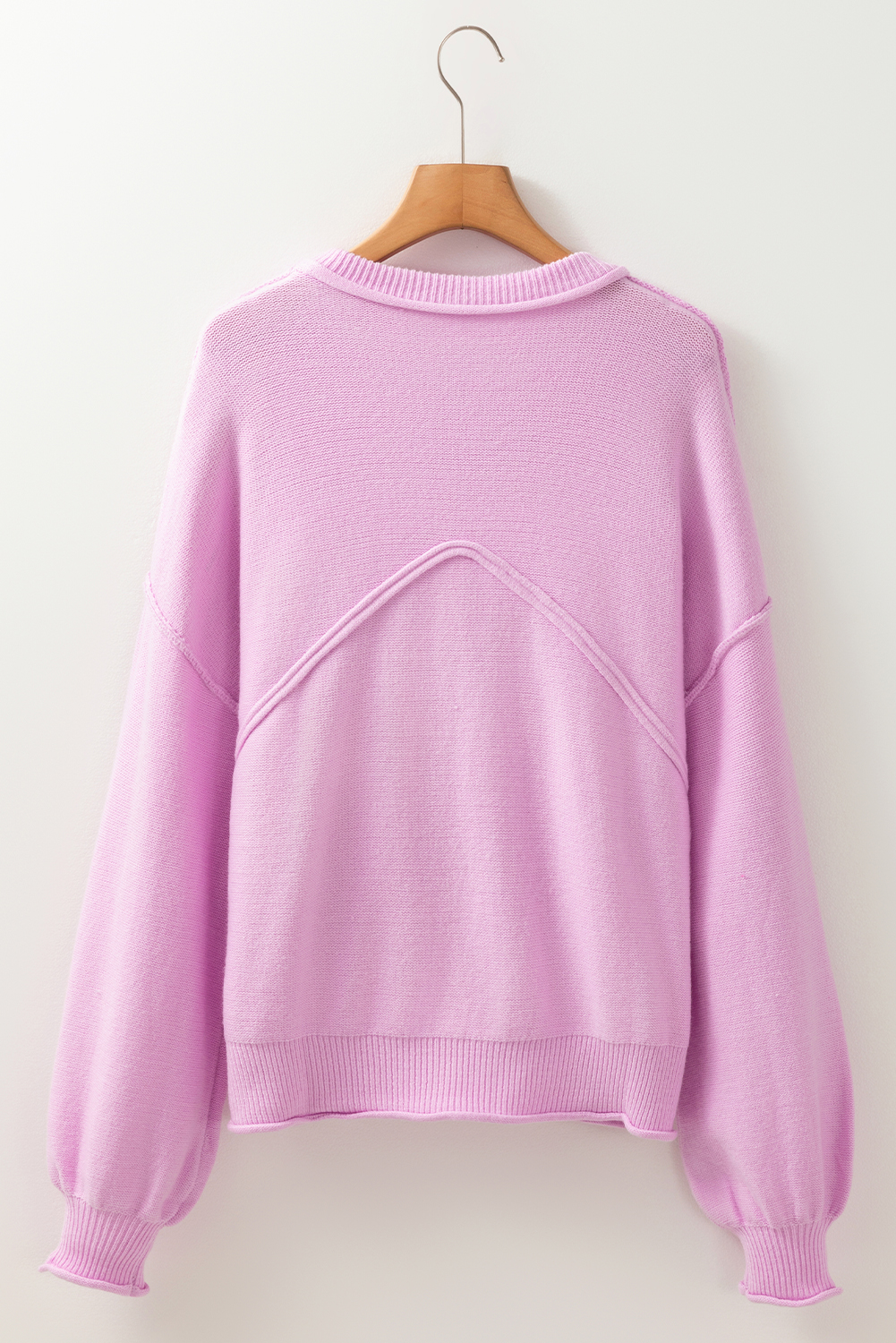 Pink Raw Edge Ribbed Detail Drop Shoulder Sweater - Image 7