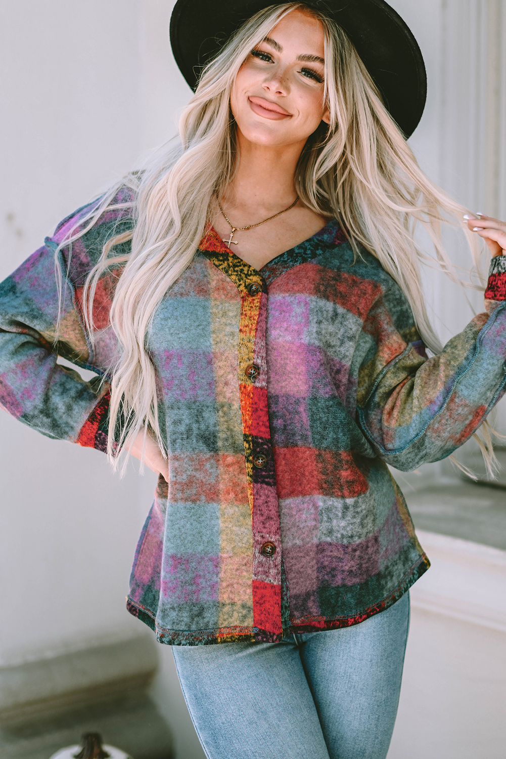 Multicolor Brushed Checked Western Buttoned Jacket - Image 6