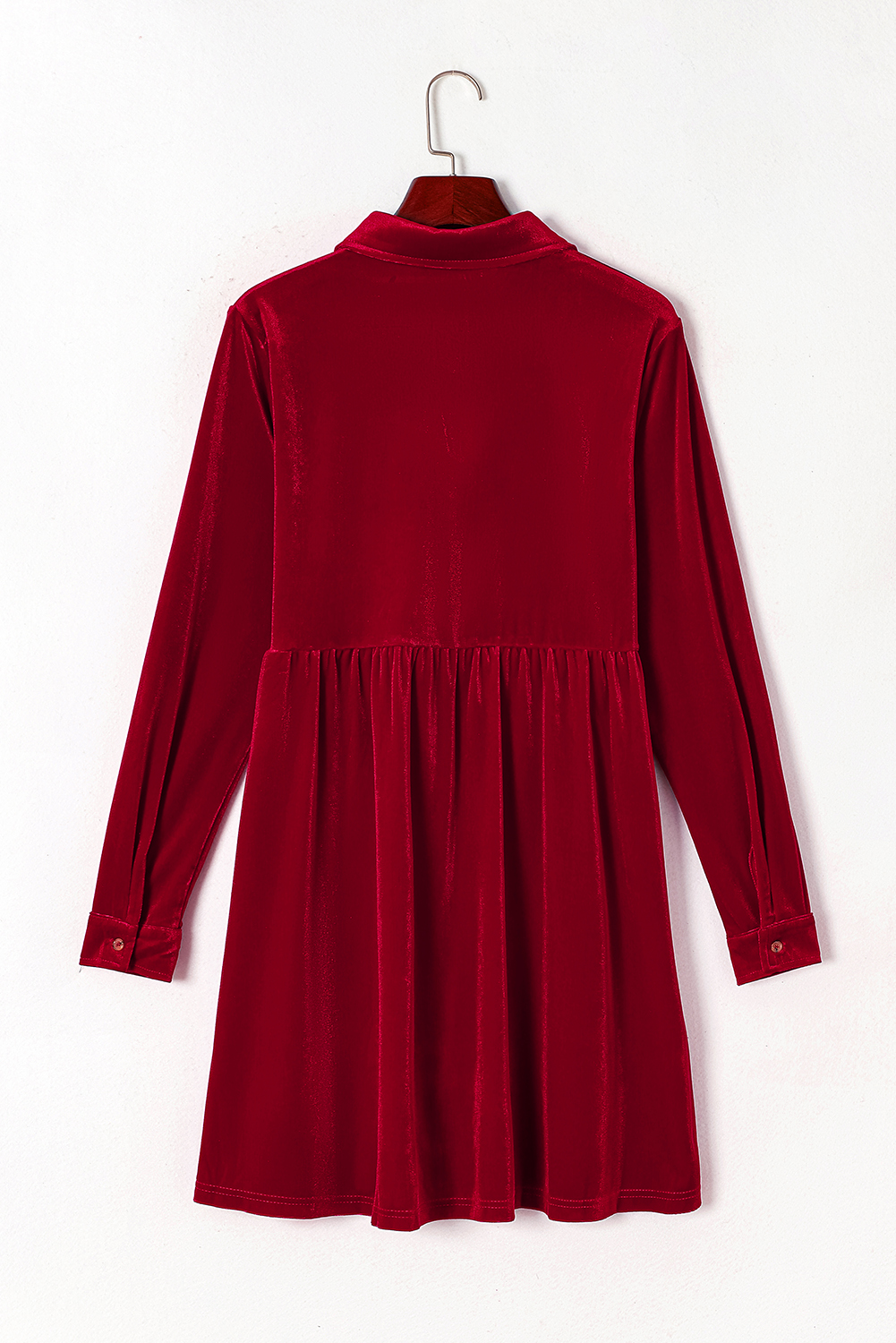 Fiery Red Long Sleeve Ruffle Velvet Button Up Dress - Image 6