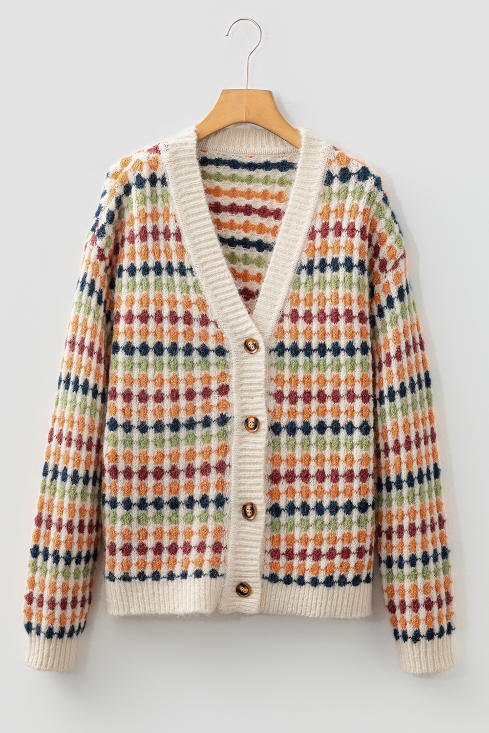 Multicolour Dotty Pattern Knit Button Front V Neck Sweater Cardigan - Image 3