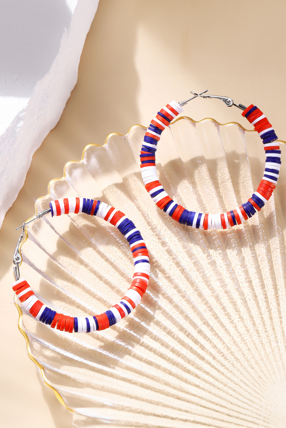 Fiery Red Patriotic Multicolored Bead Hoop Earrings - Image 2
