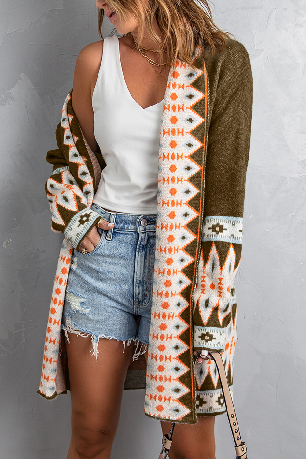 Brown Aztec Print Open Front Knitted Cardigan - Image 4