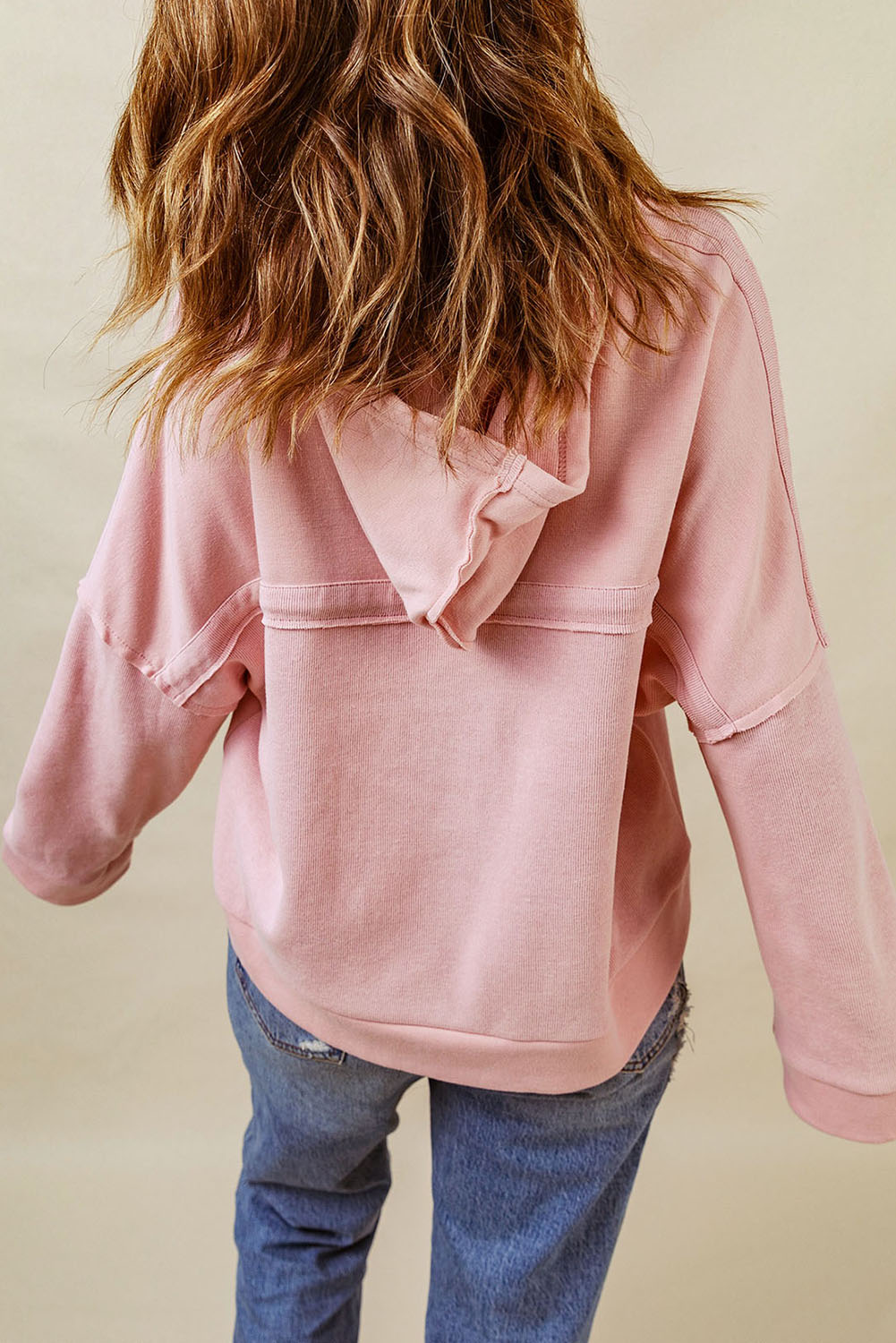 Pink Casual Button Solid Patchwork Trim Hoodie - Image 2