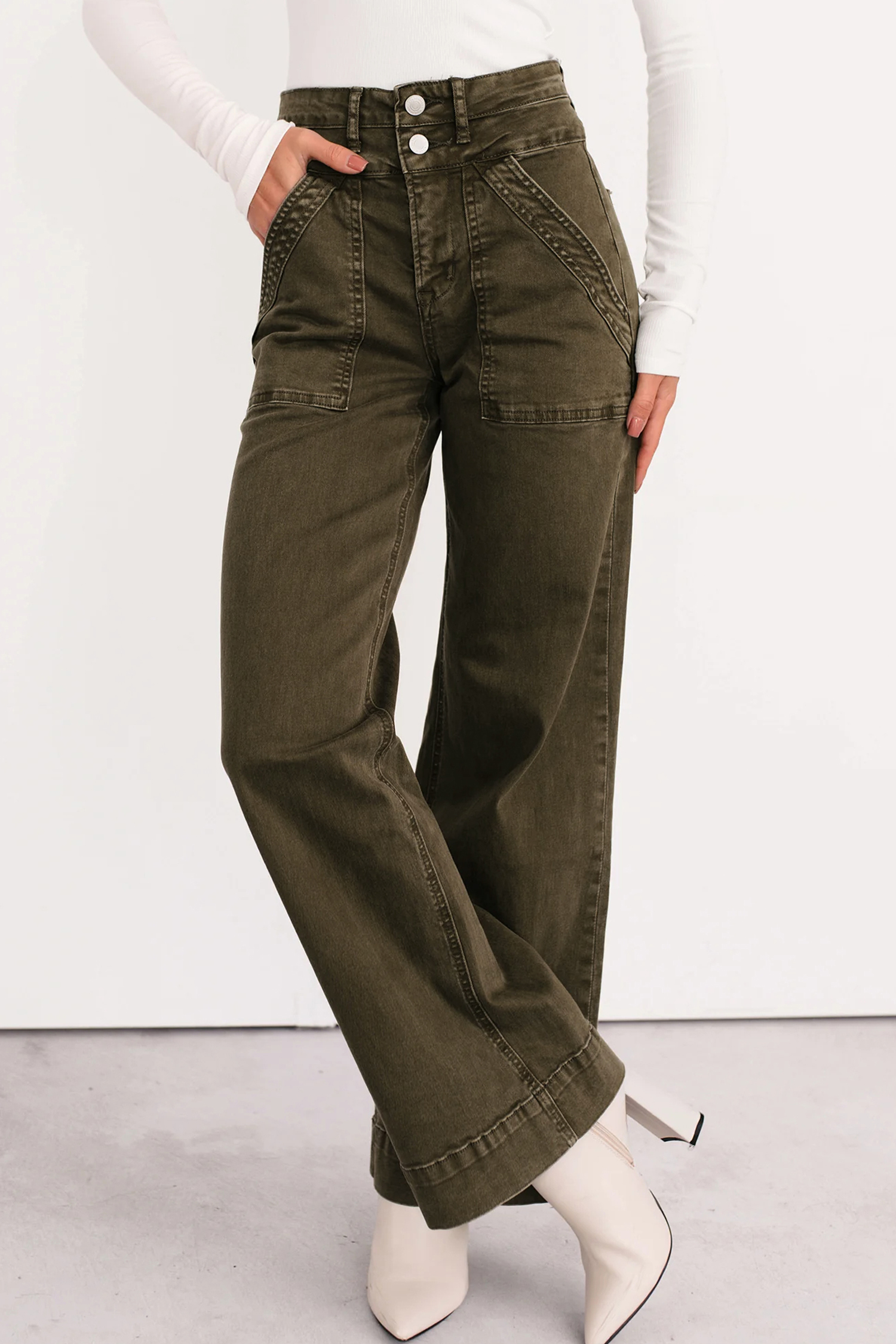 Jungle Green Double Waistband Loose Straight Jeans - Image 5