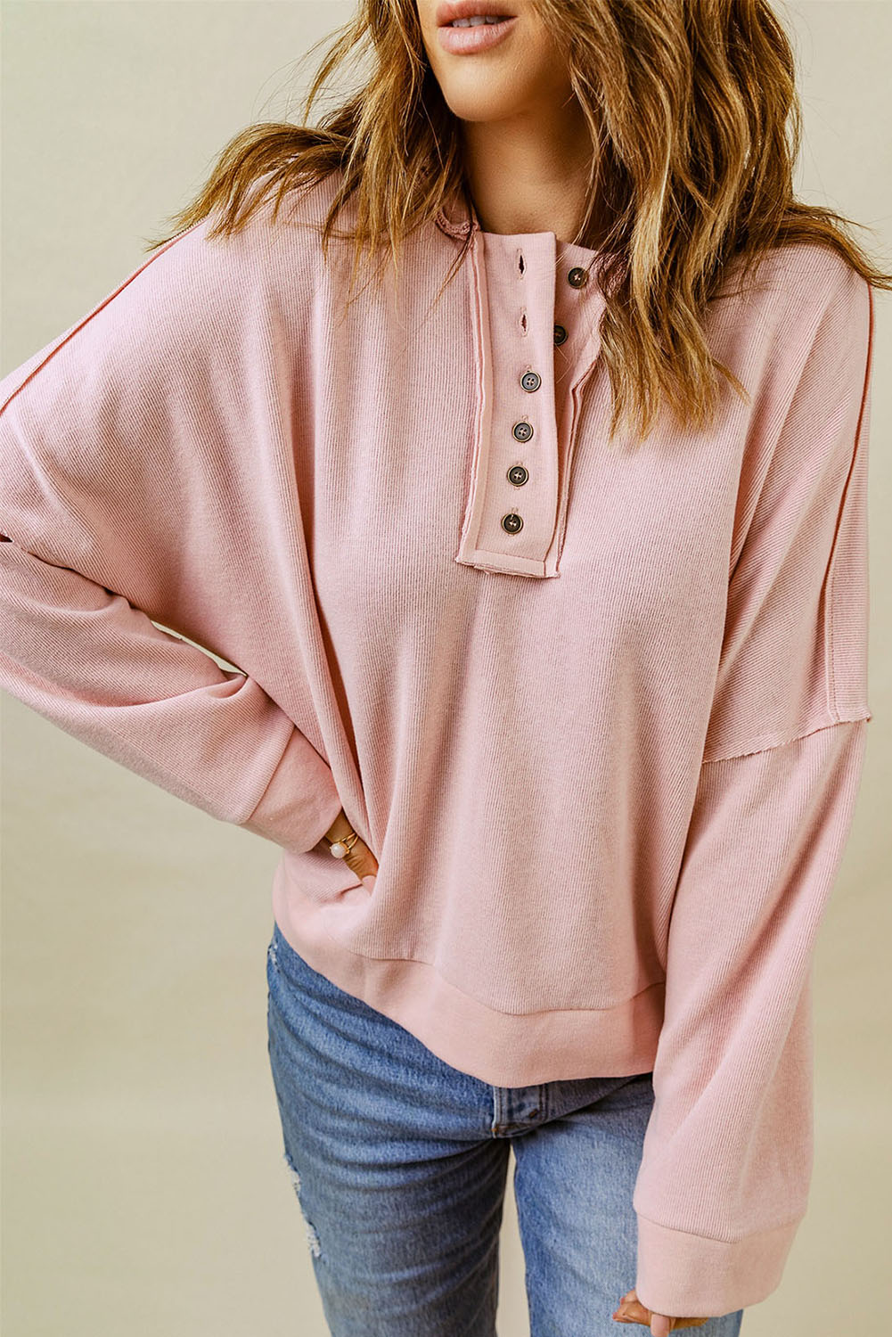 Pink Casual Button Solid Patchwork Trim Hoodie - Image 4