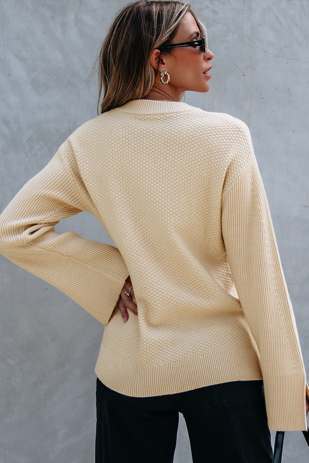 Parchment Solid Textured Knit Split Cuff Drop Shoulder Loose Sweater - Image 7