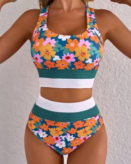Dearlove Green Floral Print Racerback Cutout High Waist 2pcs Bikini