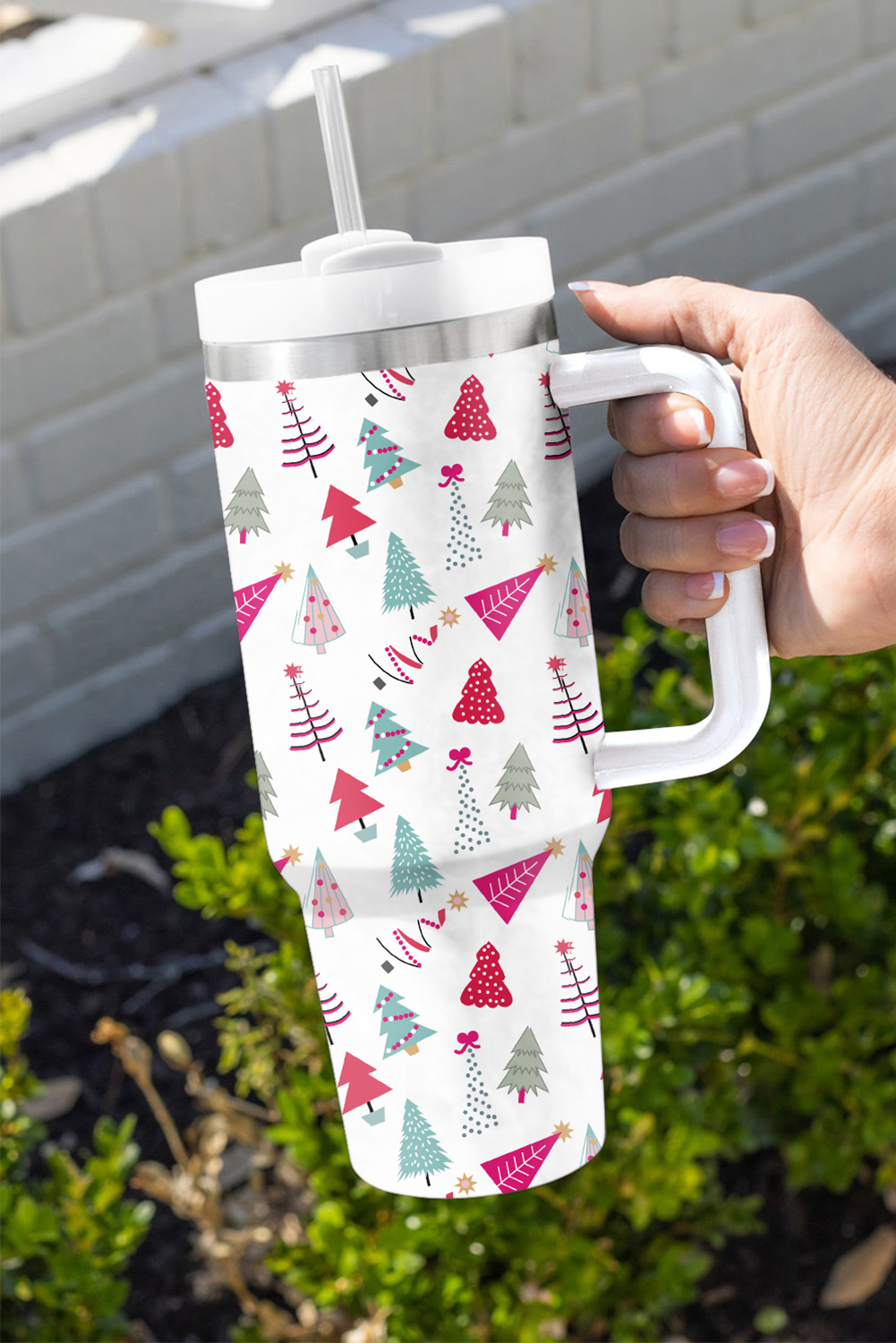 White Cartoon Christmas Tree Printed Thermos Cup 40oz - Image 7