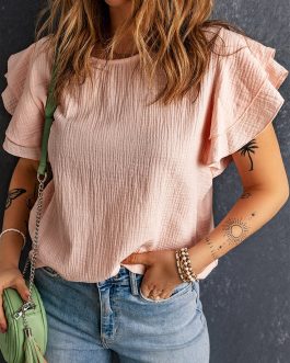 Pink Textured Tiered Ruffled Short Sleeve Blouse