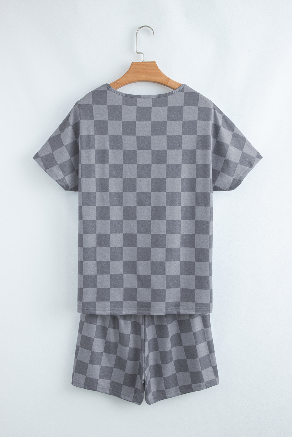 Gray Checkered V Neck Tee Drawstring Shorts Lounge Set - Image 4
