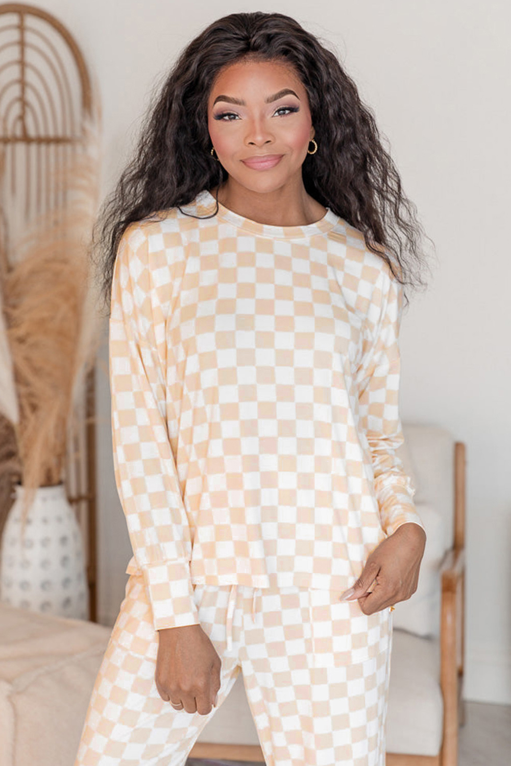 Beige Checkered Print Long Sleeve Top and Pants Lounge Set - Image 2