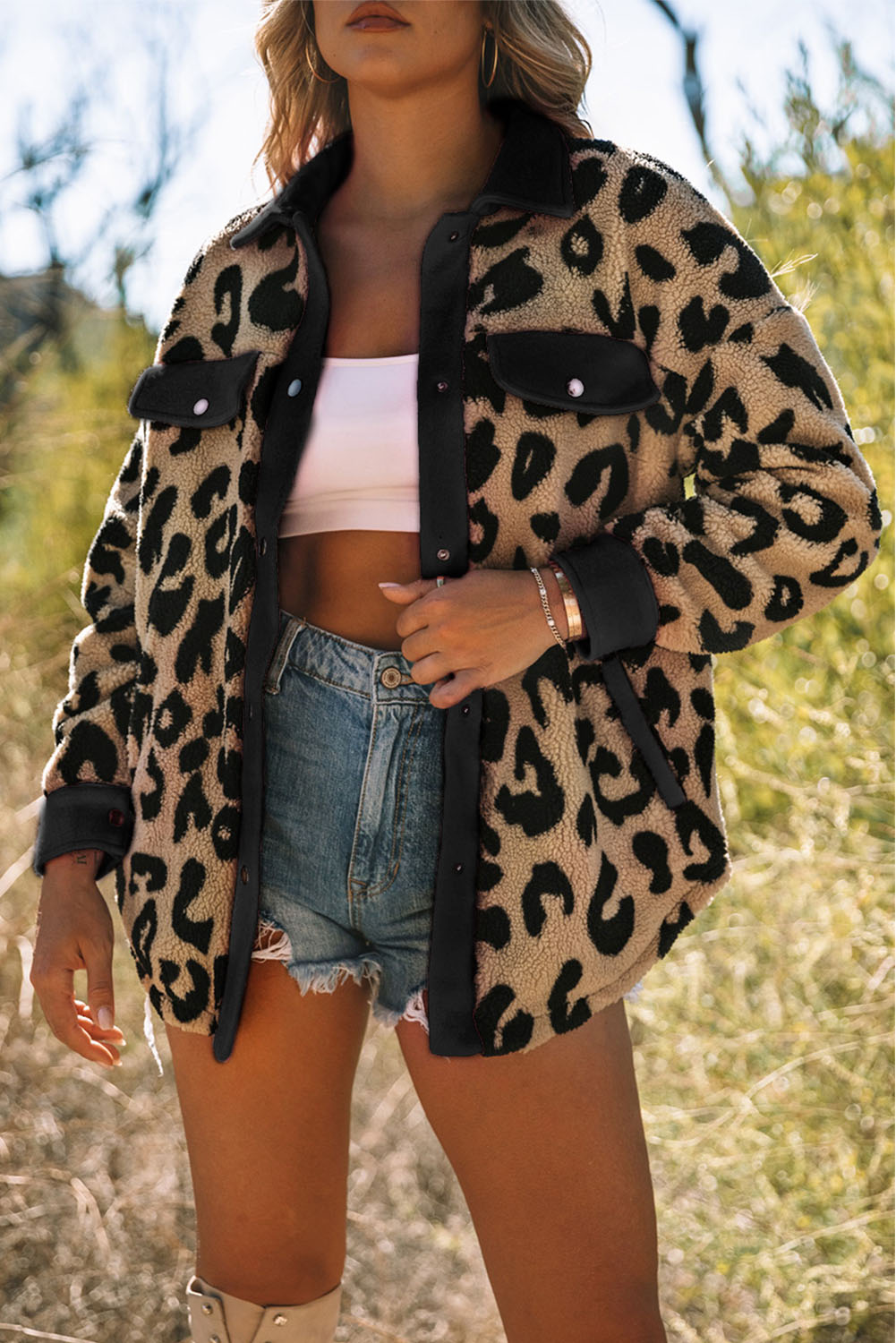 Black Contrast Trimmed Leopard Teddy Shacket - Image 5
