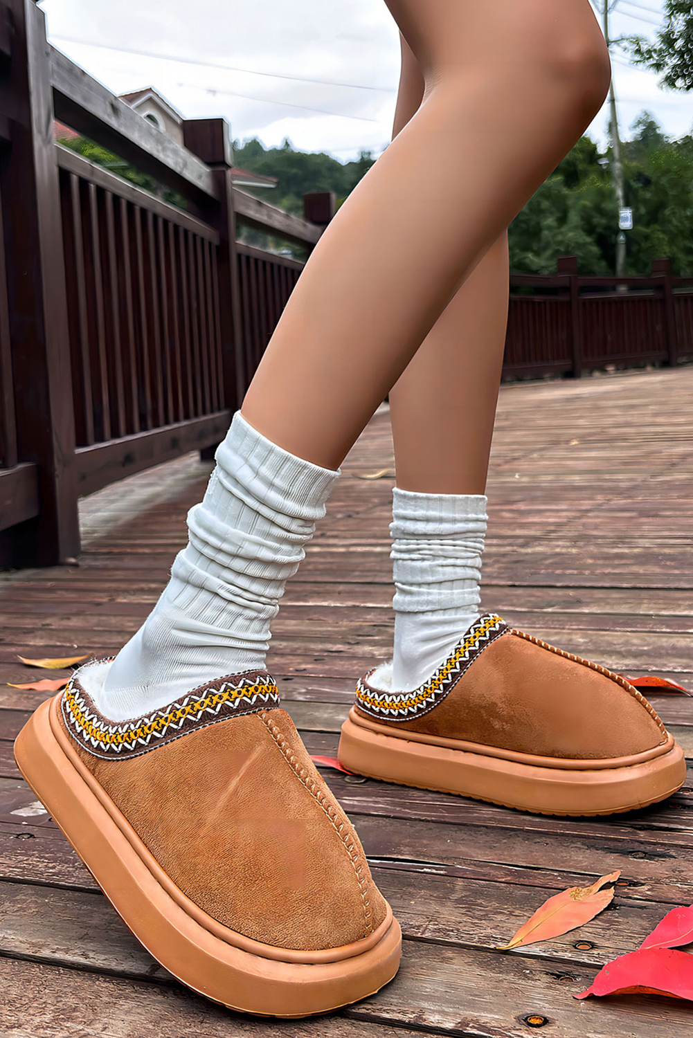 Chestnut Contrast Edge Suede Plush Lined Thick Sole Winter Slippers - Image 5