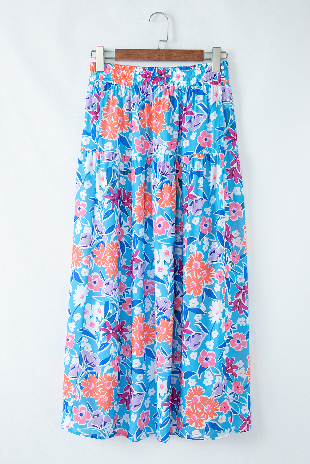 Sky Blue Floral Printed High Waist Split Wrap Long Skirt - Image 8