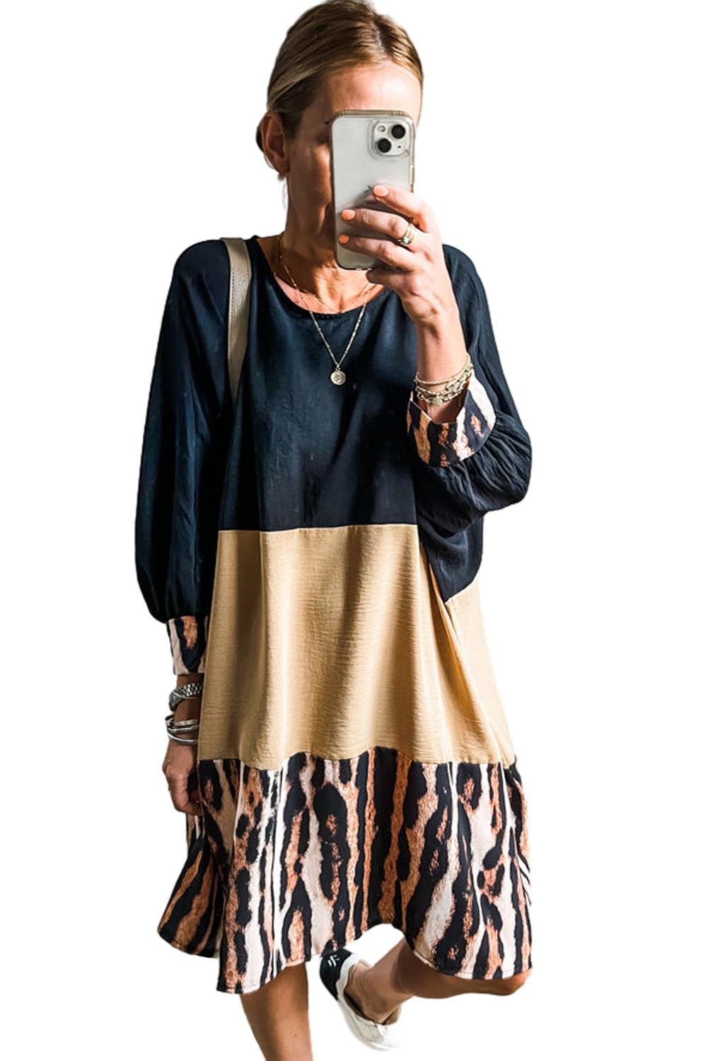Khaki Printed Tiger Stripe Colorblock Bishop Sleeve Mini Dress - Image 4