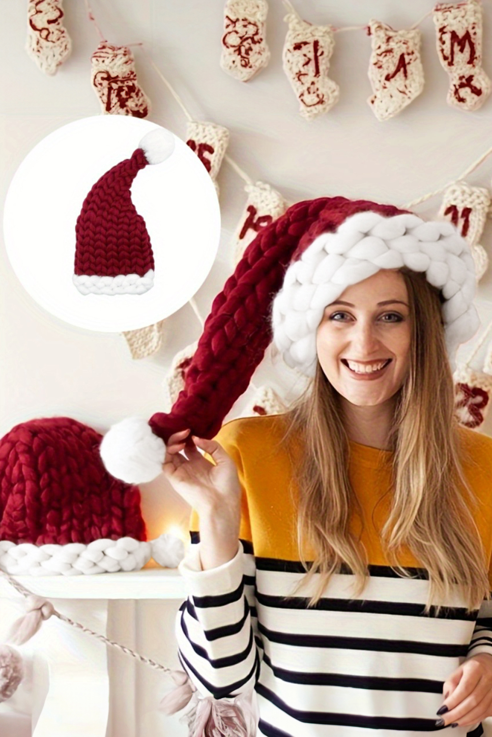 Dearlove Red Dahlia Color Block Pom Pom Decor Chunky Knitted Christmas Hat - Image 3