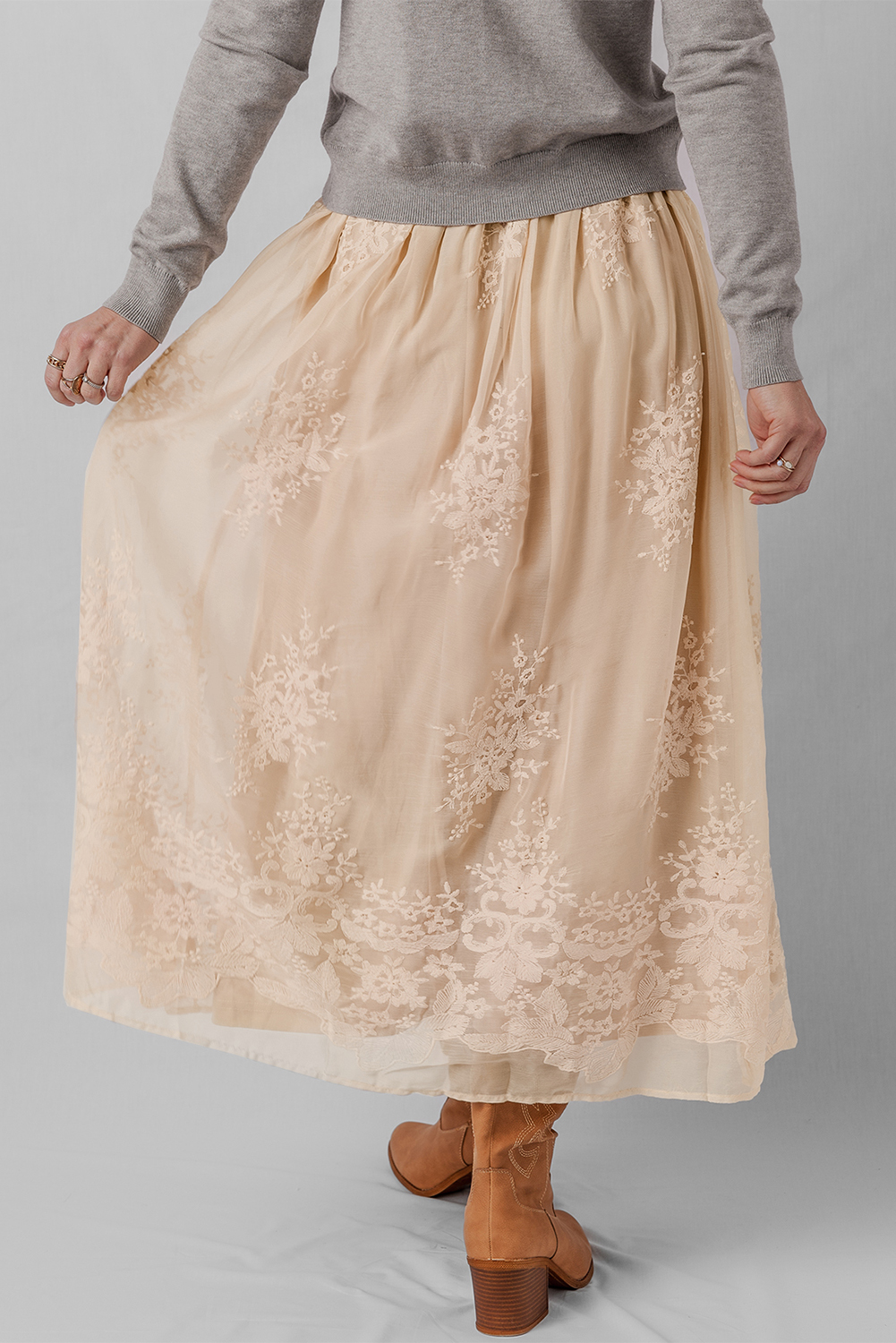 Oatmeal Embroidered Mesh Overlay Flowy Long Skirt - Image 8
