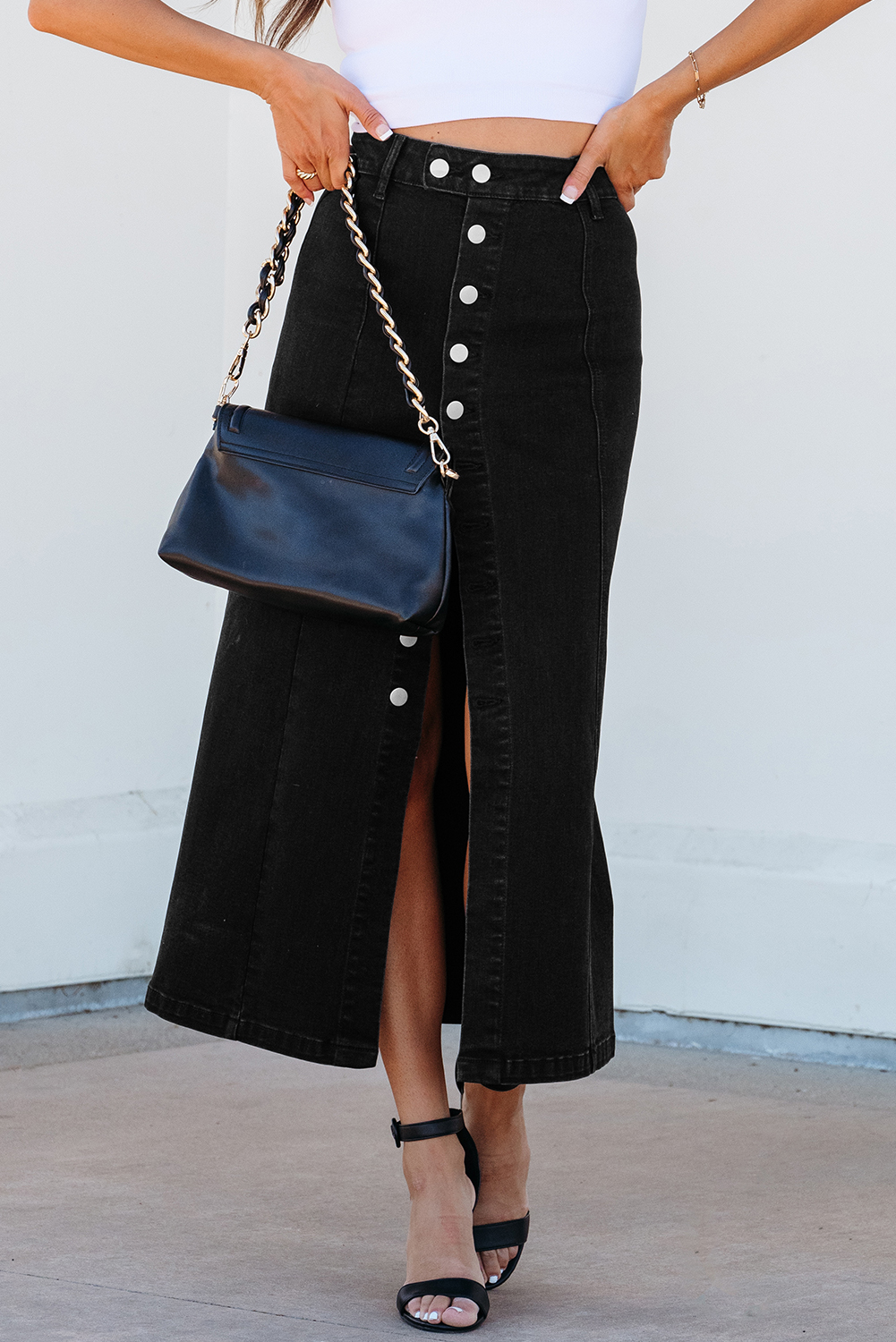 Black Button Fly Side Split High Waist Denim Midi Skirt - Image 5