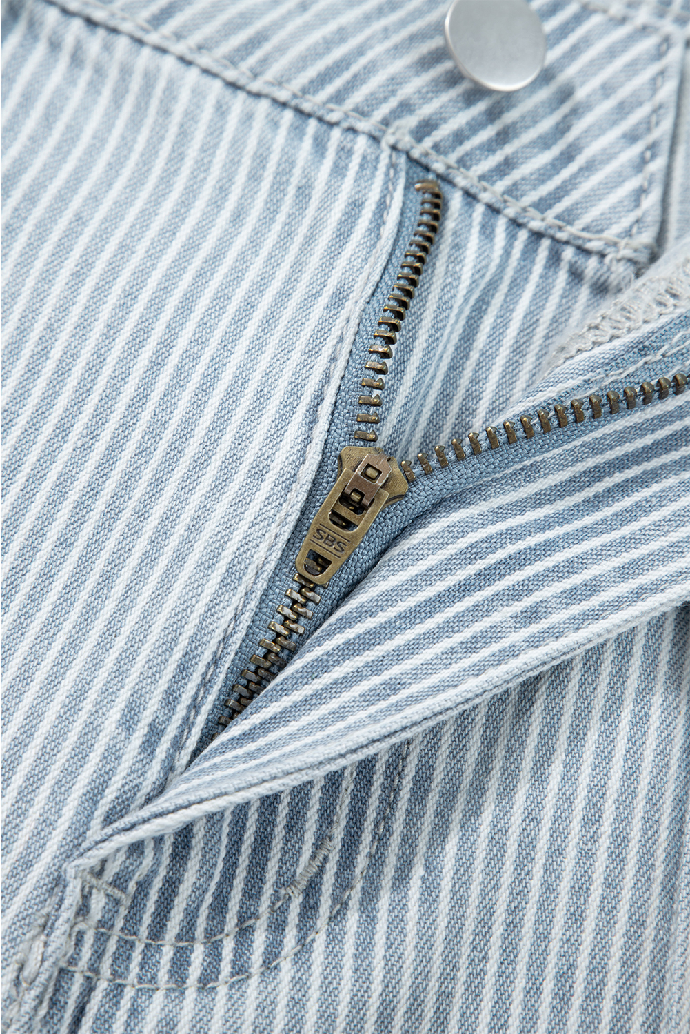 Sky Blue Stripe Button Flap Pocket Cuffed Hem Wide Leg Jeans - Image 5