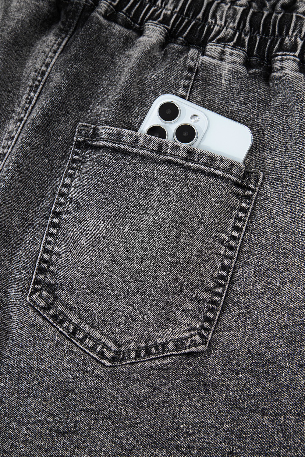 High Drawstring Elastic Waistband Casual Denim Shorts with Pockets - Image 7