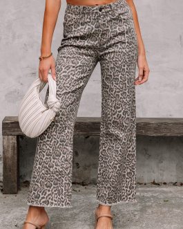 Brown Leopard Frayed Edge Wide Leg High Waist Jeans