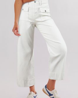 White Flap Pockets Front Straight Cropped Jeans