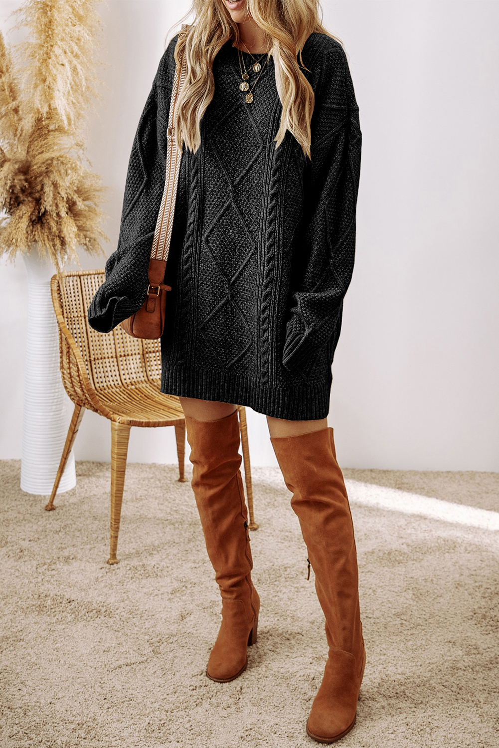 Black Cable Knit Drop Shoulder Loose Fit Sweater Dress - Image 8