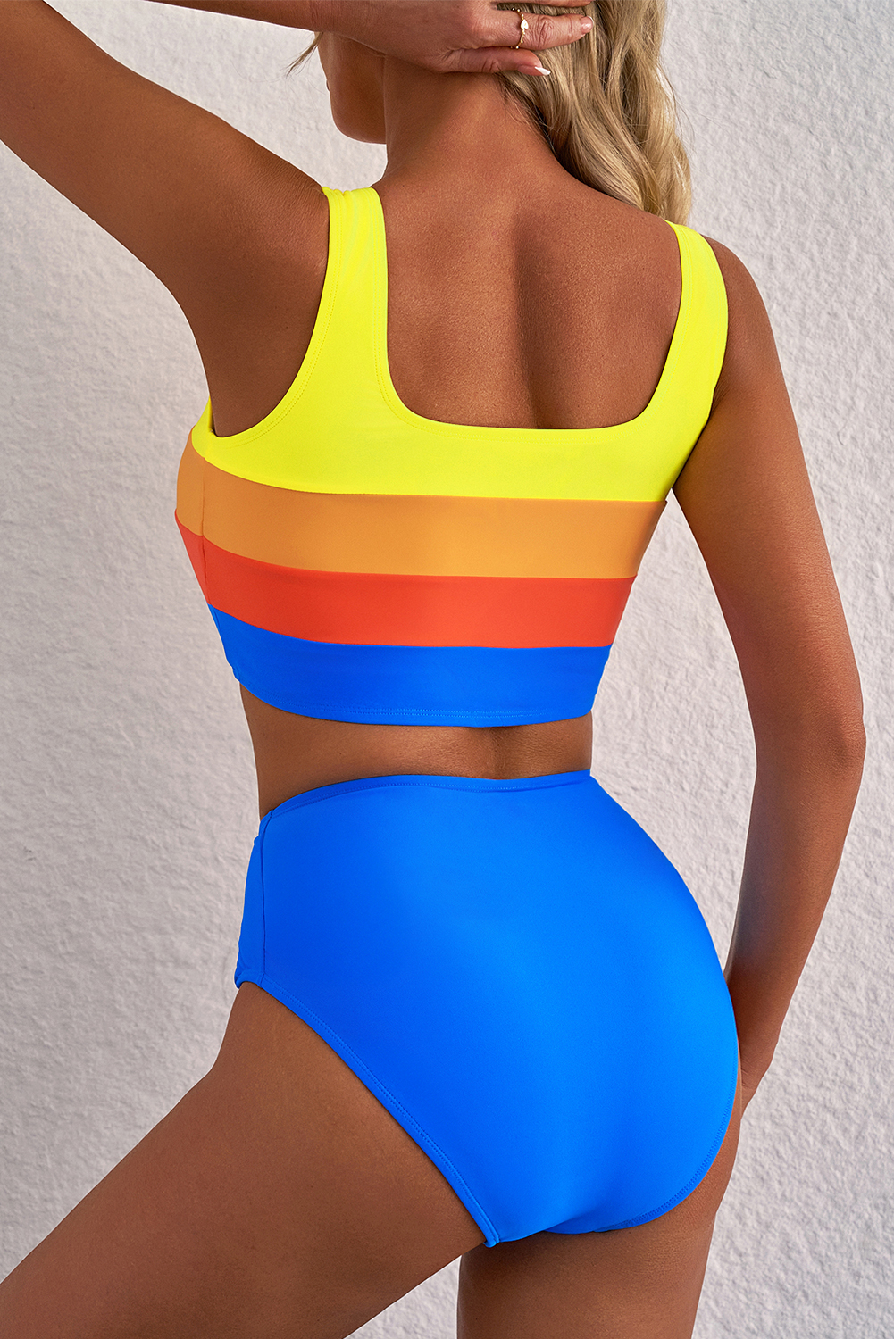 Blue Colorblock Square Neck Top Pleated High Waisted Bikini - Image 4
