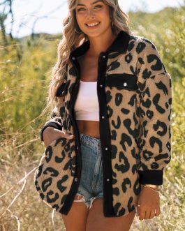 Black Contrast Trimmed Leopard Teddy Shacket