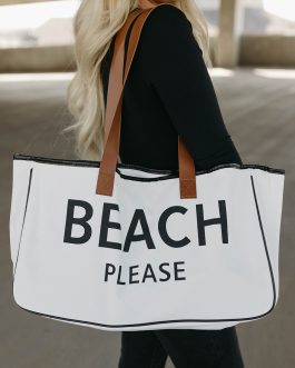 White BEACH PLEASE Print Large Canvas Tote Bag