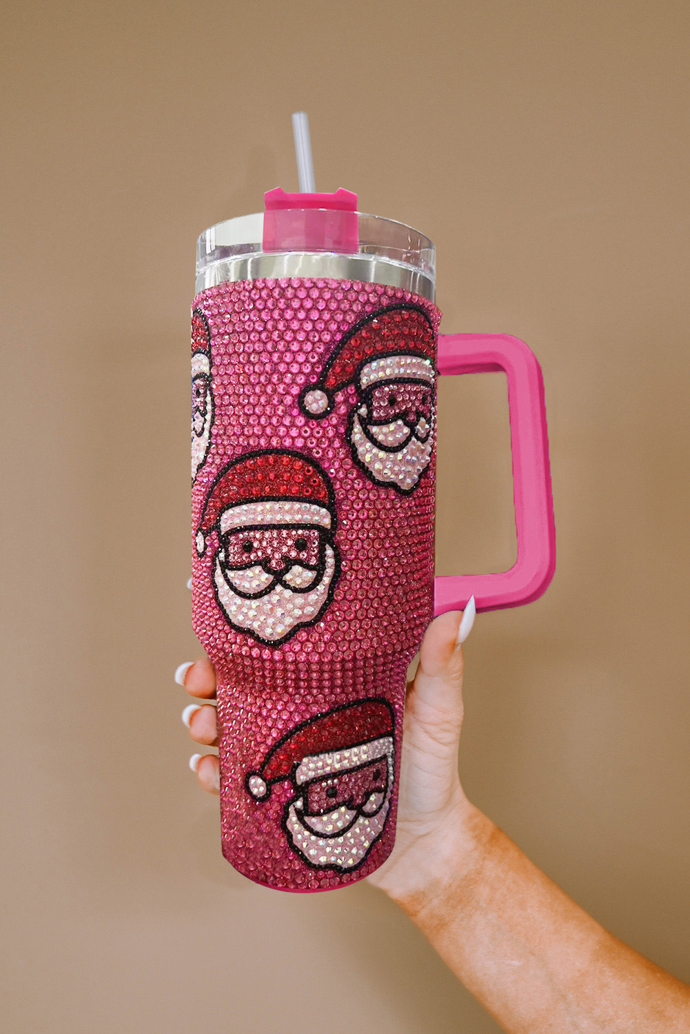 Rose Red Christmas Santa Claus Diamond Thermos Cup with Straw 40oz - Image 4