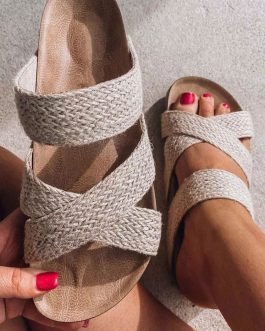 Beige Woven Cross Criss Hollowed Slip-On Slippers