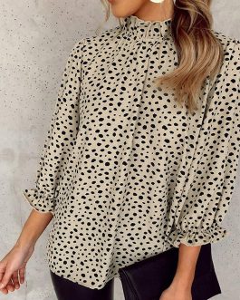 Khaki Frilled Neck 3/4 Sleeves Cheetah Blouse