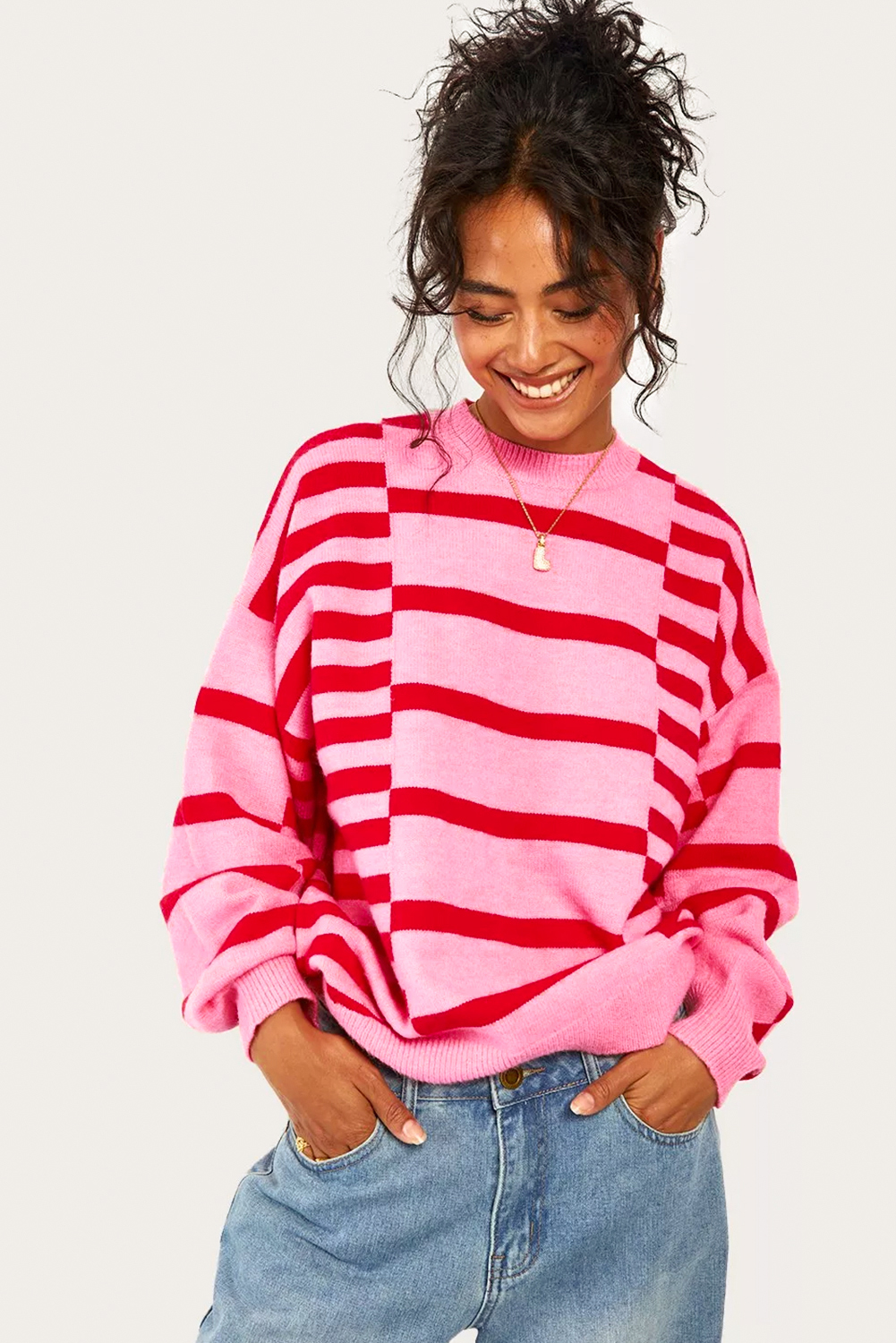 Pink Stripe Bubble Sleeve Drop Shoulder Ribbed Trim Sweater - Image 5