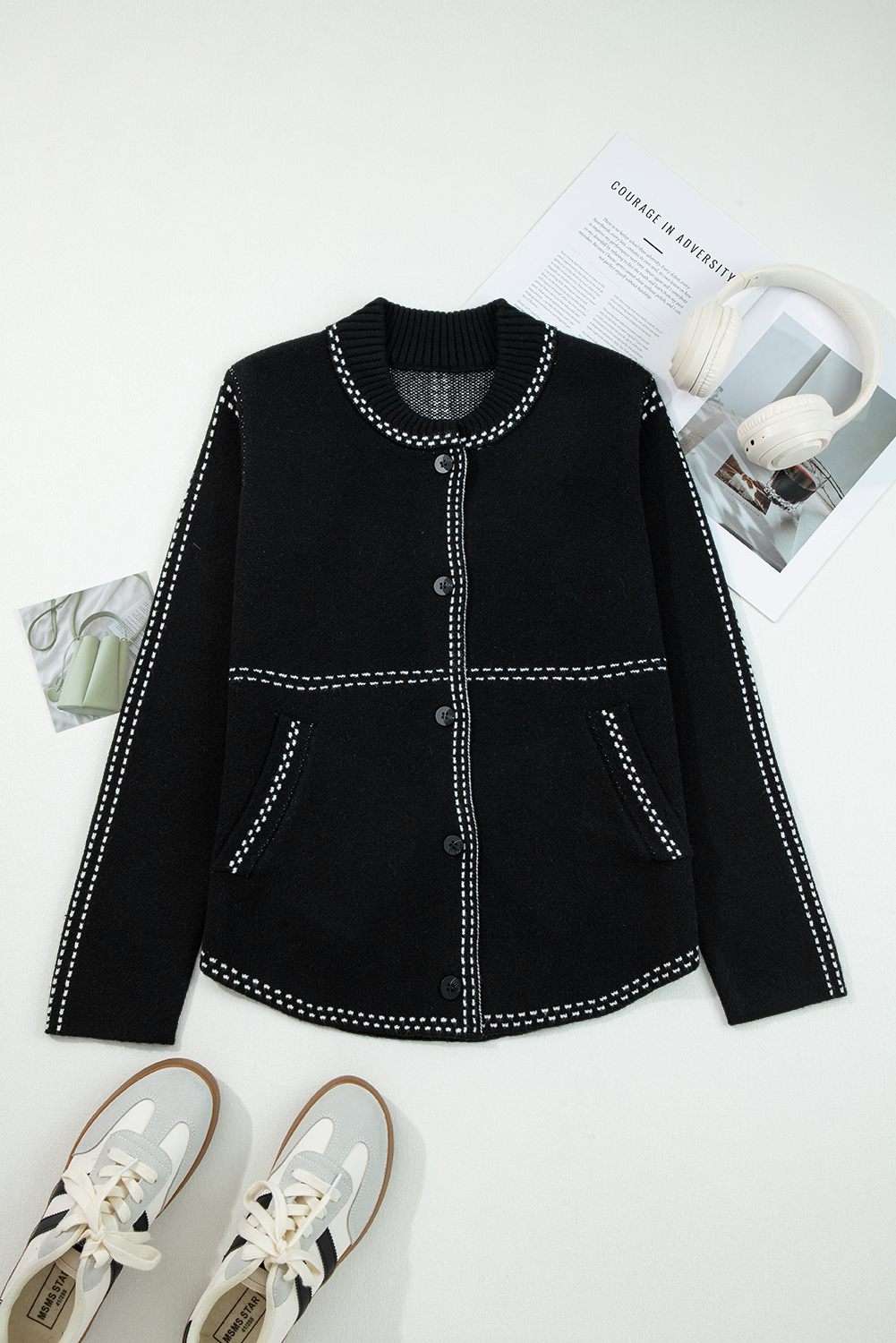 Black Contrast Trim Button up Sweater Cardigan - Image 4