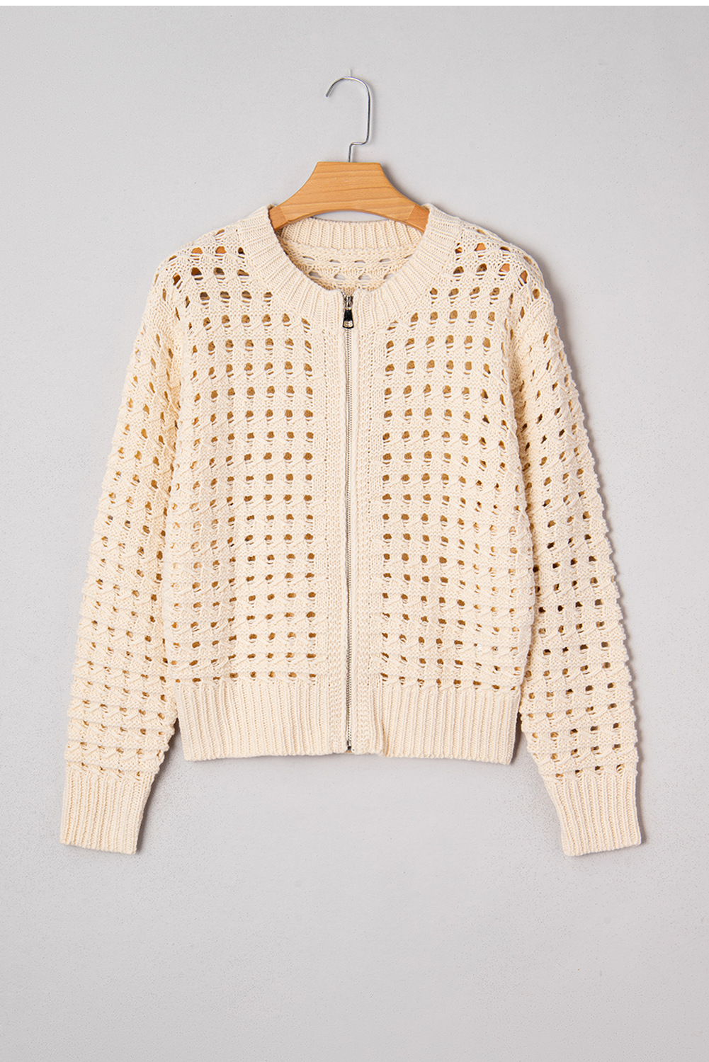 Beige Hollowed Pattern Knit Zip Up Drop Shoulder Sweater Cardigan - Image 8