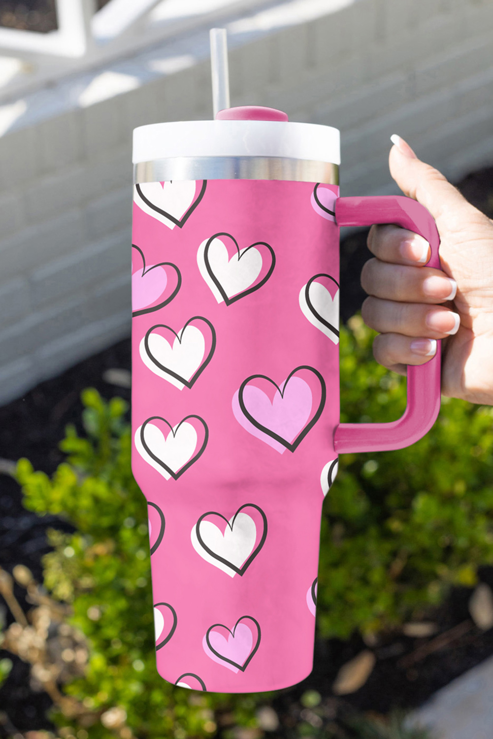 Rose Red Valentines Heart Printed Thermos Cup with Handle 40oz - Image 7