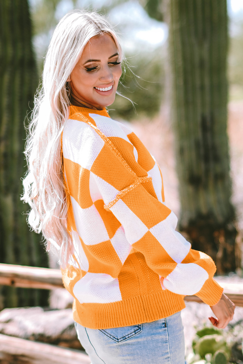 Orange Checkered Bishop Sleeve Sweater - Image 7
