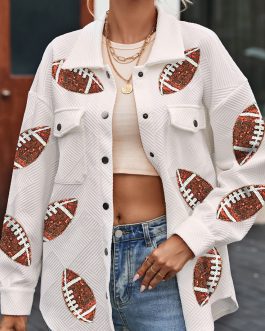 Beige Bubble Gum Texture Sequined Rugby Football Shacket