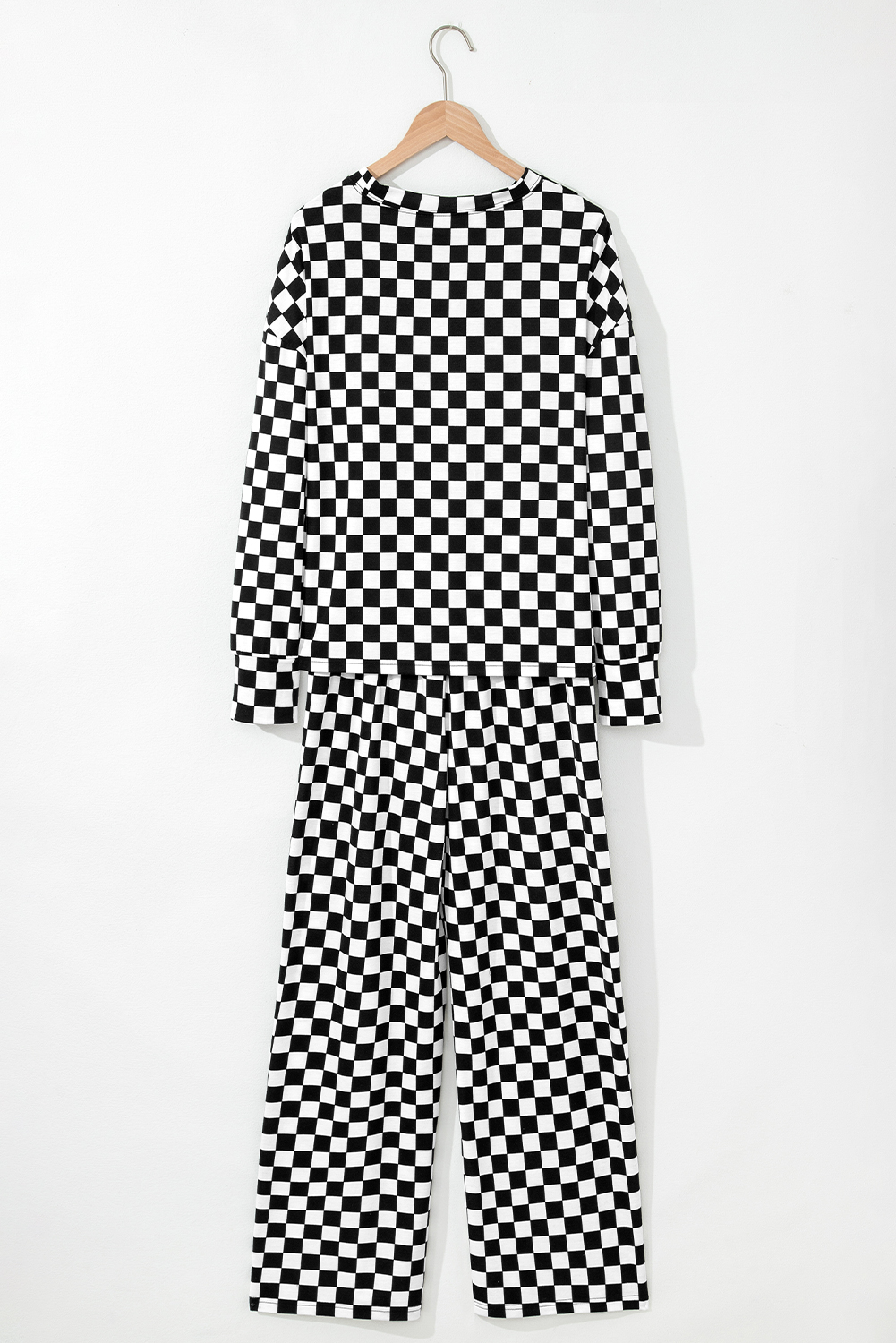 Black Checkered Print Long Sleeve Top and Pants Lounge Set - Image 4