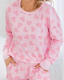 Pink Valentine Heart Shape Print Long Sleeve Top Shorts Lounge Set