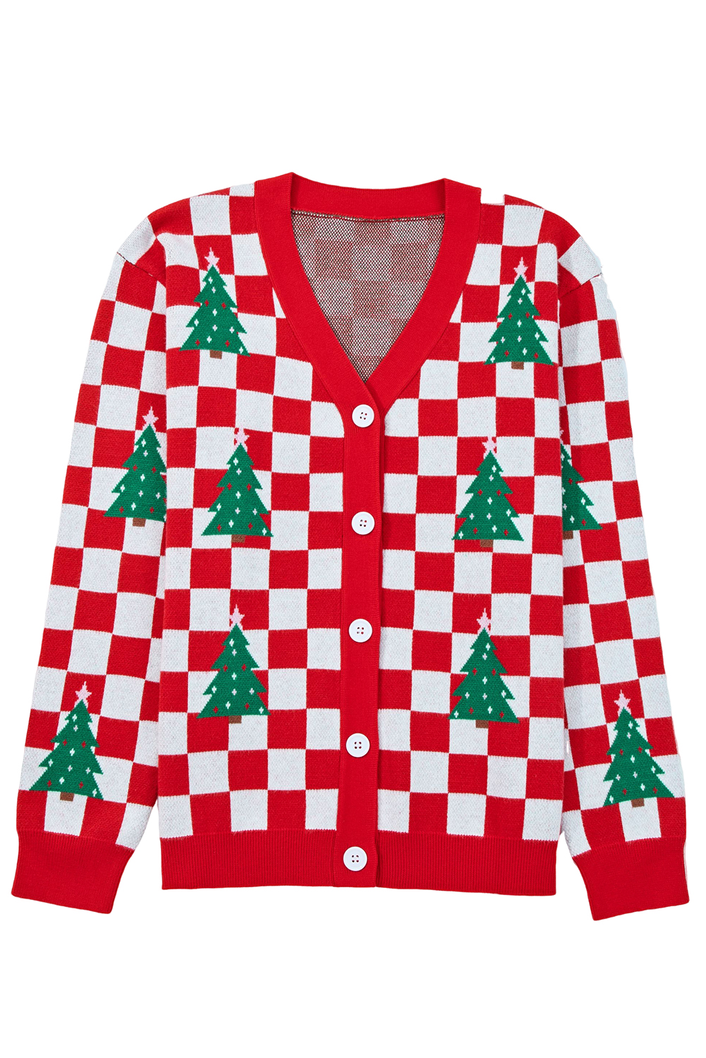 Red Checkered Christmas Tree Pattern Button V Neck Cardigan Sweater - Image 15