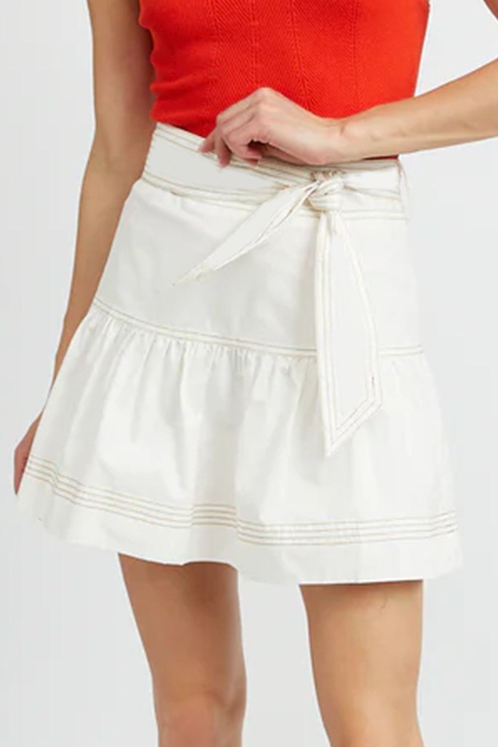 White Contrast Stitching Trim Knotted High Waist A-Line Mini Skirt - Image 2