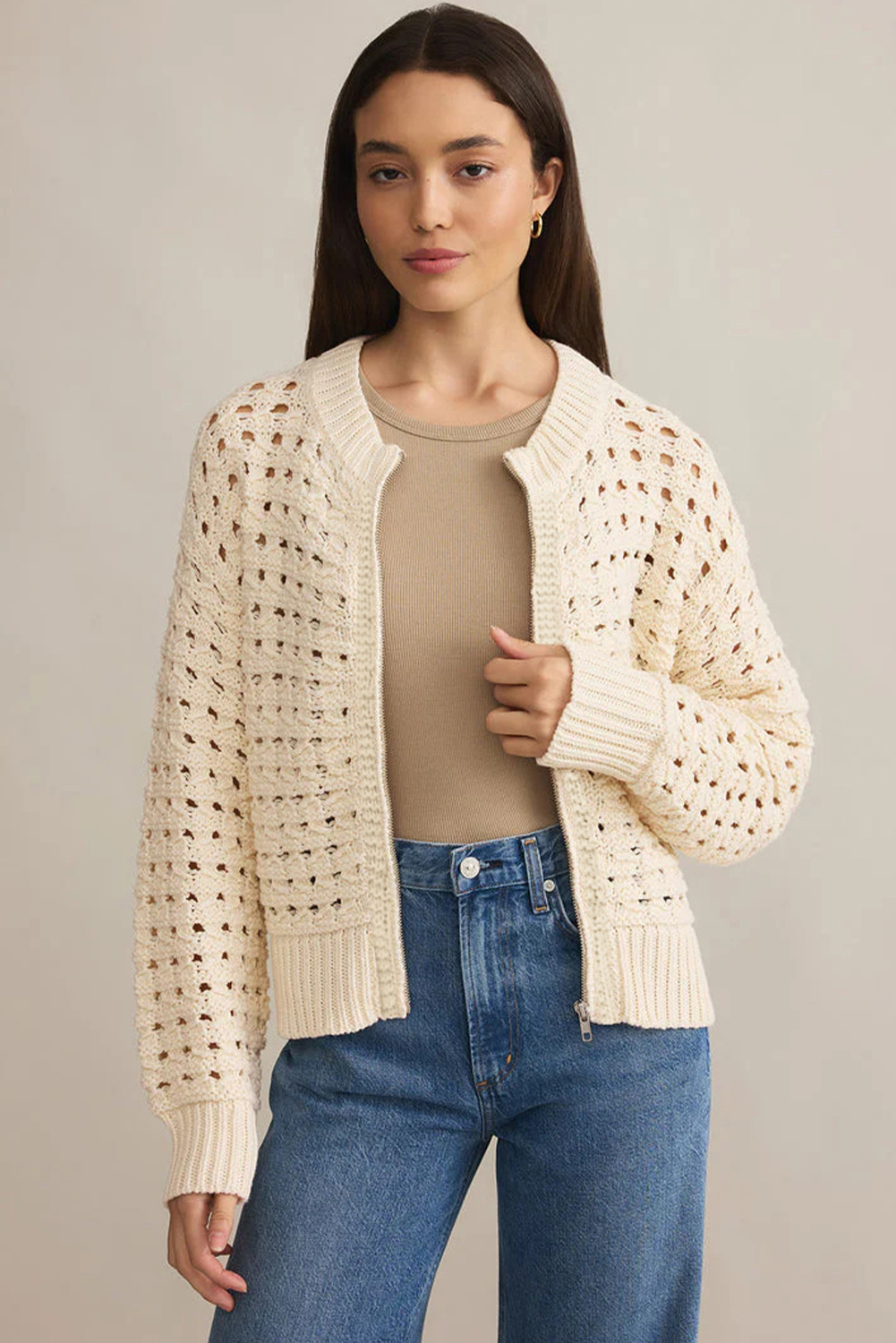Beige Hollowed Pattern Knit Zip Up Drop Shoulder Sweater Cardigan - Image 7