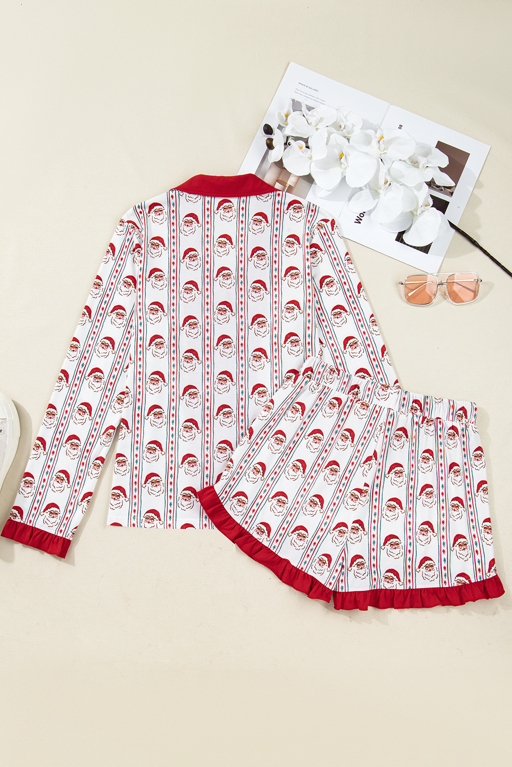 White Santa & Stripes Ruffle PJ Set - Image 2