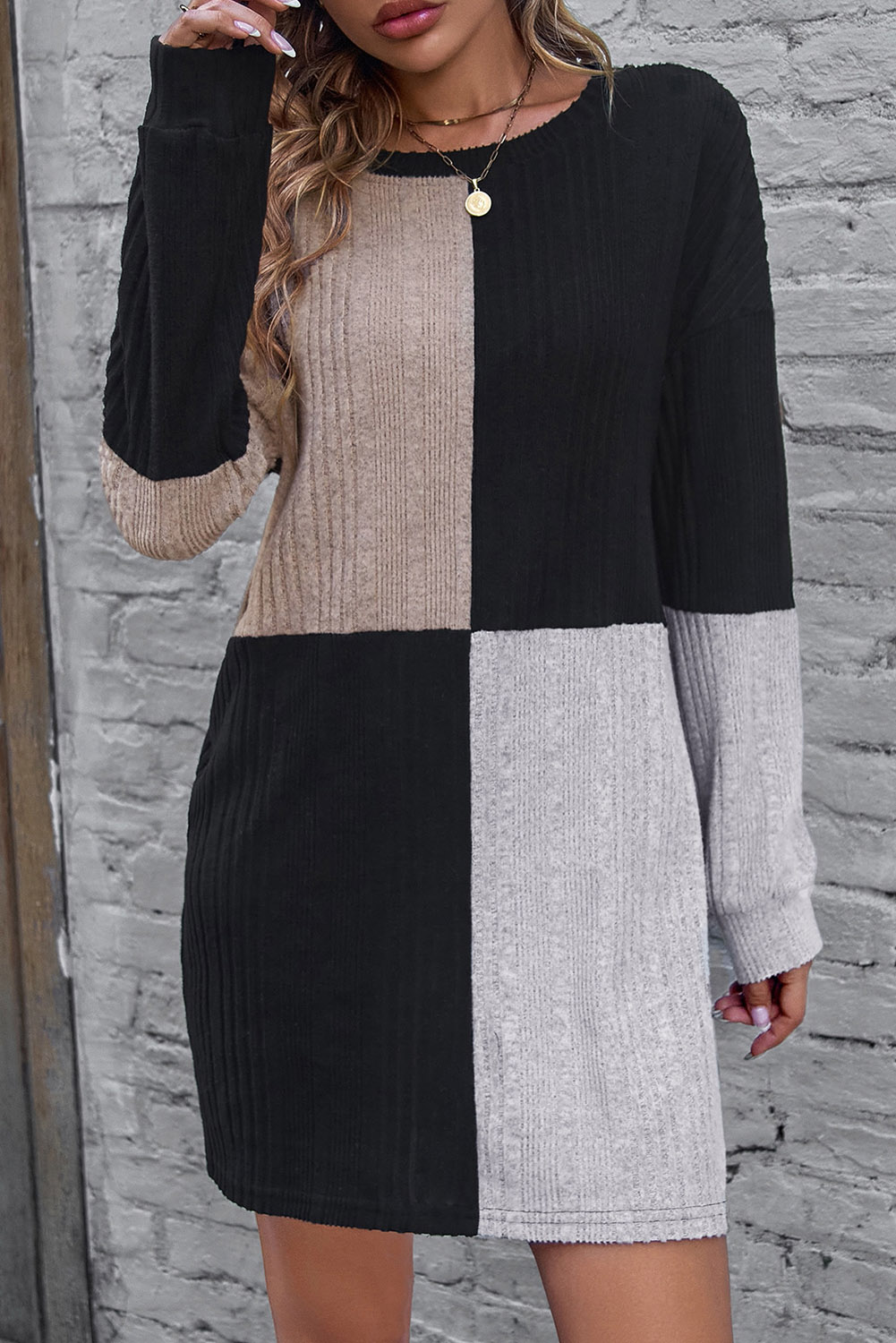 Black Ribbed Color Block Drop Shoulder Long Sleeve Mini Dress - Image 4