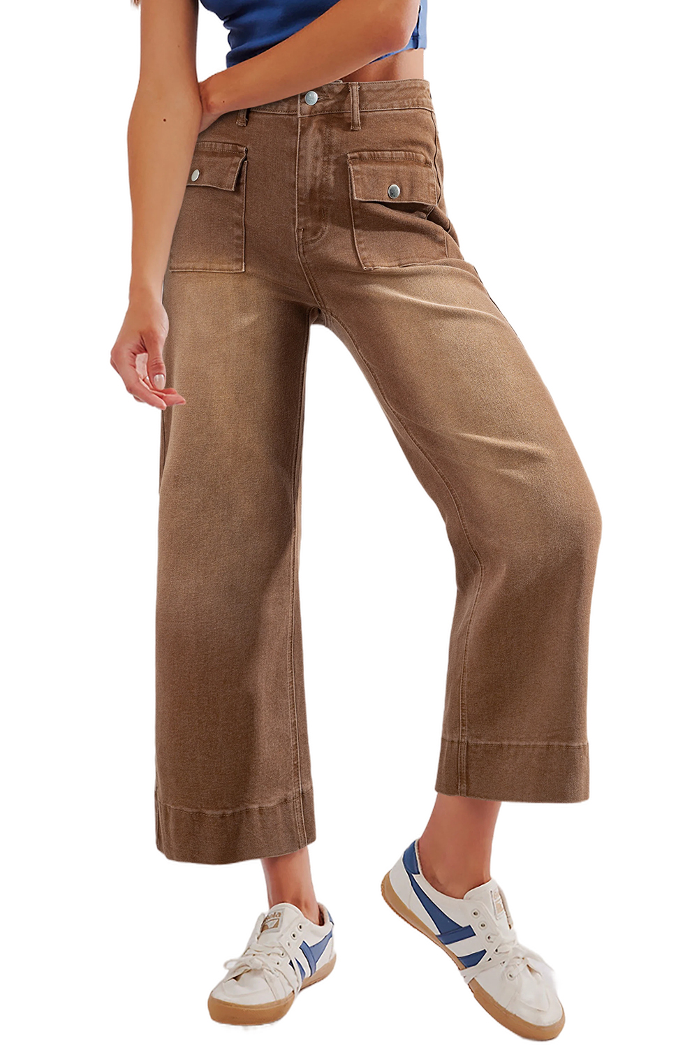 Brown Flap Pockets Front Straight Cropped Jeans - Image 4