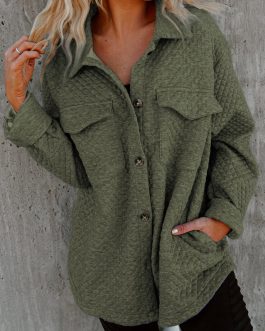 Green Retro Quilted Flap Pocket Button Shacket