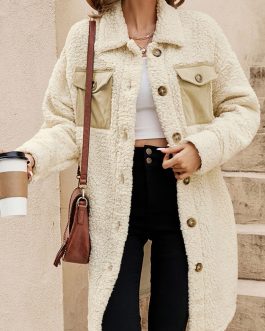 Beige Contrast Flap Pocket Single Breasted Teddy Coat